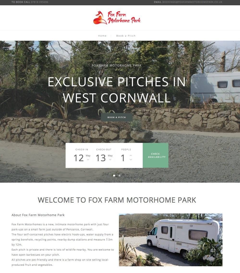 Fox Farm Motorhome Park, website and booking form